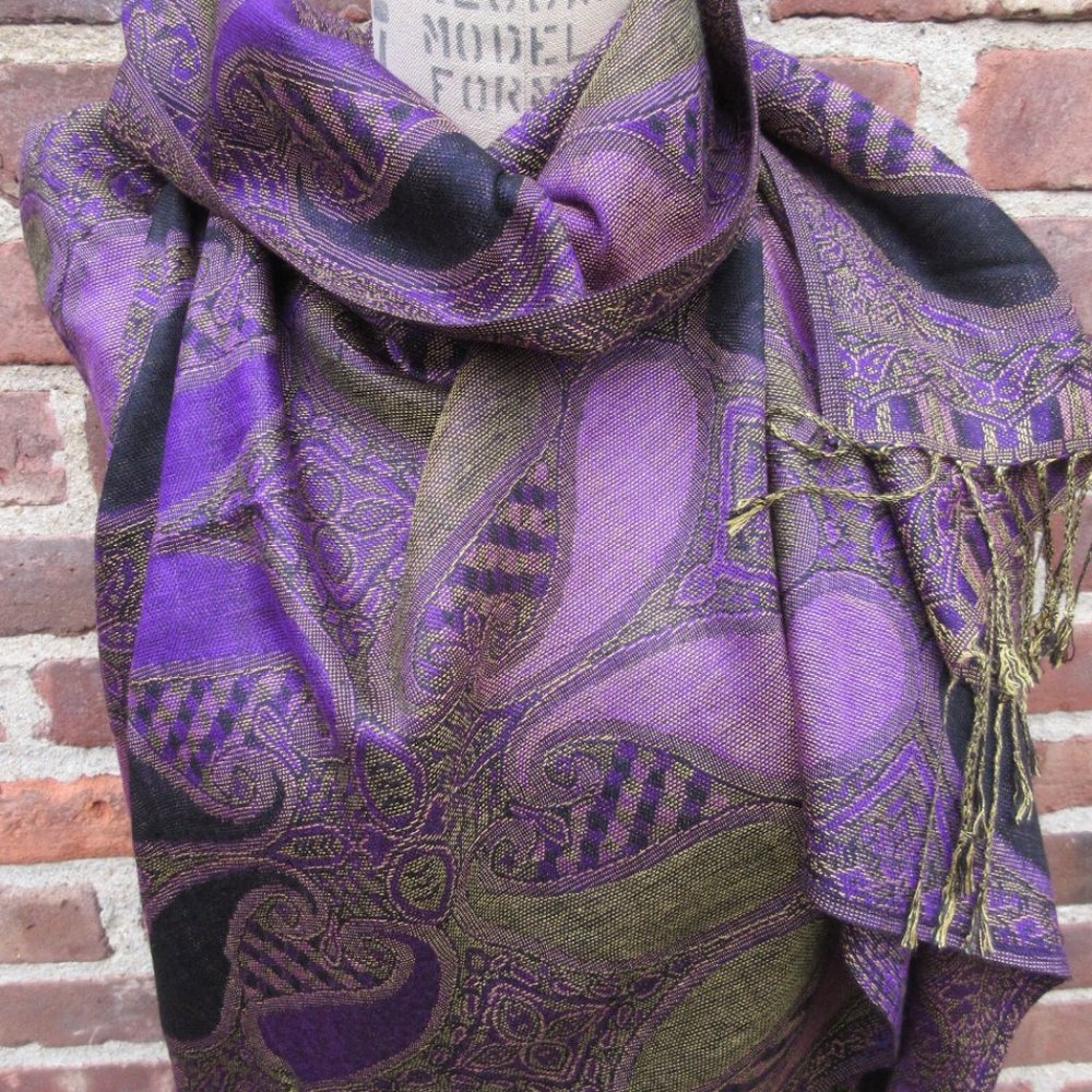 Purple Black Paisley Pashmina Scarf Shawl Wrap / Rave Scarves Women Accessories - Picture 5 of 7